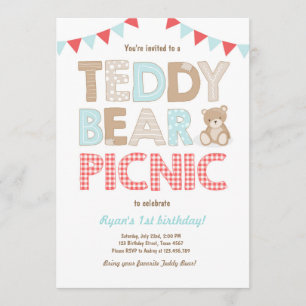Teddybär-Picknick-Jungengeburtstag Einladungs-Blau Einladung