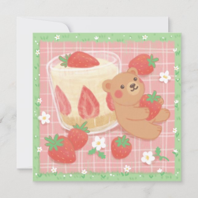 Teddybär-Picknick mit Erdbeeren Dankeskarte (Vorderseite)