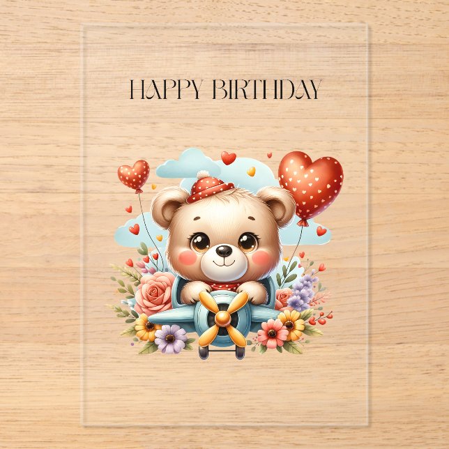 Teddybär-Pilot Geburtstag Acryleinladungen (Vorderseite)