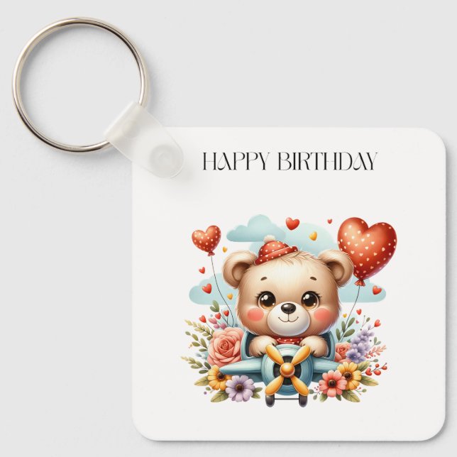 Teddybär-Pilot Geburtstag Schlüsselanhänger (Vorderseite)