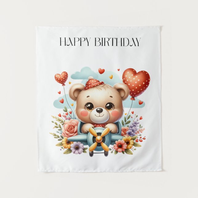 Teddybär-Pilot-Geburtstag Wandteppich (Vorderseite)