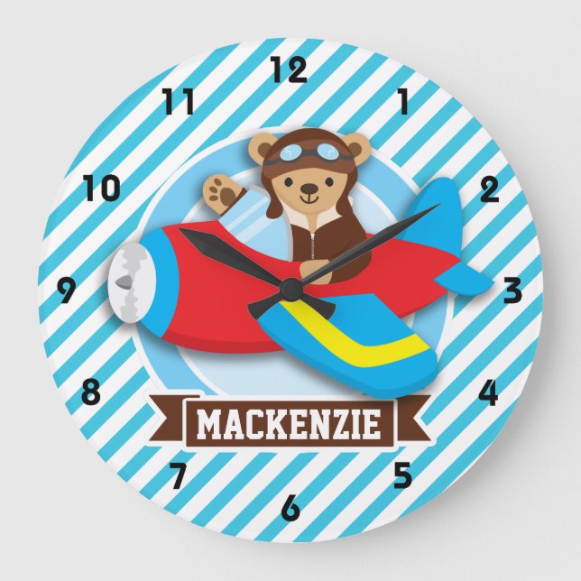 Teddybär-Pilot im roten Spielzeug-Flugzeug; Blaue Große Wanduhr (Vorderseite)