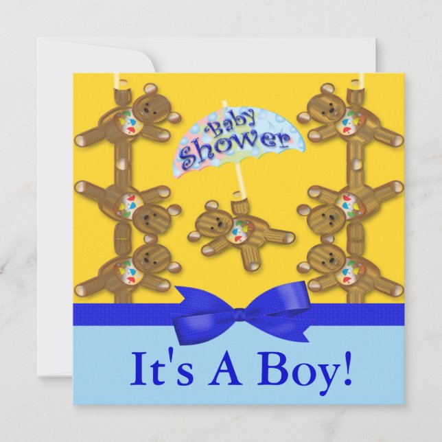 Teddybär-Regenschirm-Jungen-Babyparty Einladung (Vorderseite)