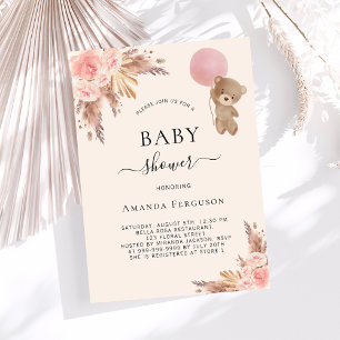 Teddybär rosa beige Pampas Mädchen Babyparty Einladung