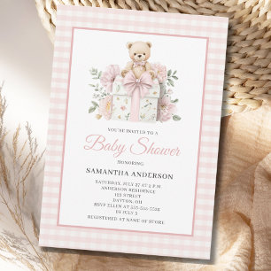 Teddybär Rosa Gingham Blumen Mädchen Baby Shower Einladung