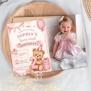 Teddybär, rosa Luftballons, Foto zum zweiten Gebur Einladung