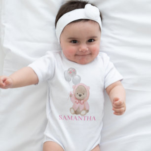 Teddybär Rosa Mädchen Personalisiert Baby Strampler