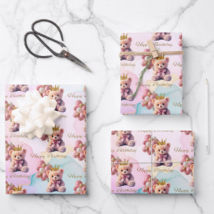 Teddybär Rosa Schleife Goldene Krone Alles Gute zu Geschenkpapier Set