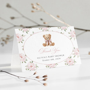 Teddybär, rosa Schleife, rosa Blumen, Babyparty Dankeskarte