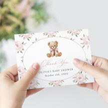 Teddybär, rosa Schleife, rosa Blumen, Babyparty