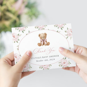 Teddybär, rosa Schleife, rosa Blumen, Babyparty Dankeskarte
