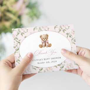 Teddybär, rosa Schleife, rosa Blumen, Babyparty Dankeskarte