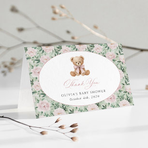 Teddybär, rosa Schleife, rosa Blumen, Babyparty Dankeskarte
