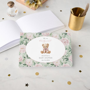 Teddybär, rosa Schleife, rosa Blumen, Babyparty Gästebuch