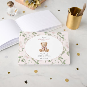 Teddybär, rosa Schleife, rosa Blumen, Babyparty Gästebuch