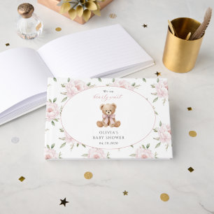Teddybär, rosa Schleife, rosa Blumen, Babyparty Gästebuch