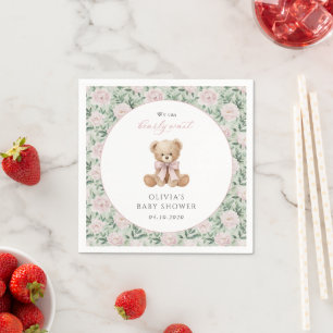 Teddybär, rosa Schleife, rosa Blumen, Babyparty Serviette