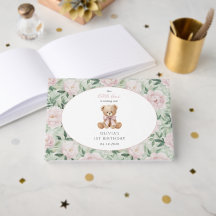 Teddybär, rosa Schleife, rosa Blumen, erster Gebur