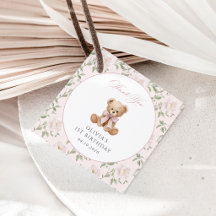Teddybär, rosa Schleife, rosa Blumen, erster Gebur