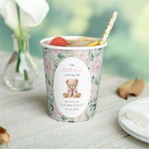 Teddybär, rosa Schleife, rosa Blumen, erster Gebur