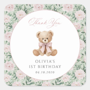 Teddybär, rosa Schleife, rosa Blumen, erster Gebur Quadratischer Aufkleber