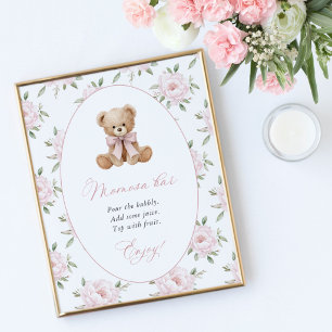 Teddybär, rosa Schleife, rosa Blumen, Momosa Bar Poster