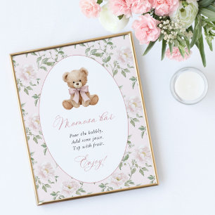 Teddybär, rosa Schleife, rosa Blumen, Momosa Bar Poster