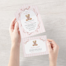 Teddybär, rosa Schleife, rosa Streifen, Babyparty