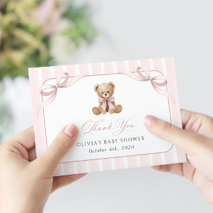 Teddybär, rosa Schleife, rosa Streifen, Babyparty Dankeskarte