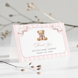 Teddybär, rosa Schleife, rosa Streifen, Babyparty Dankeskarte