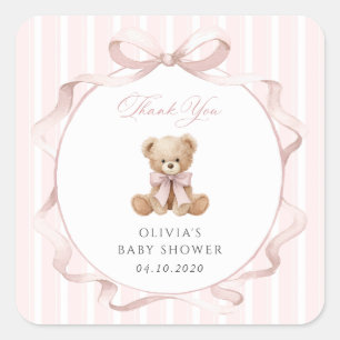 Teddybär, rosa Schleife, rosa Streifen, Babyparty Quadratischer Aufkleber