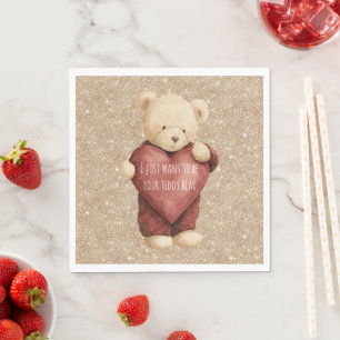 Teddybär rotes Herz Gold Glitter Serviette
