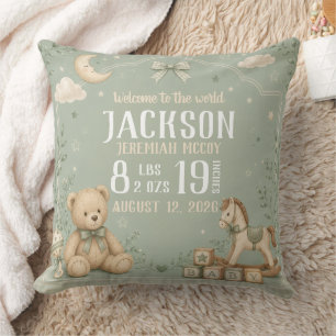 Teddybär Sage Green Baby Geburtsstatistik Kissen