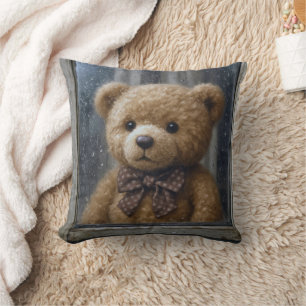 Teddybär schaut aus einem regnerischen Fenster Kissen