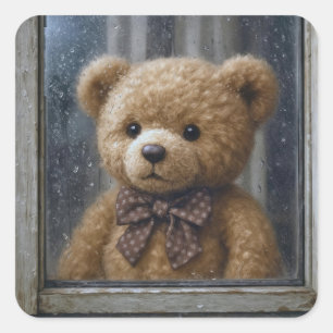 Teddybär schaut aus einem regnerischen Fenster Quadratischer Aufkleber