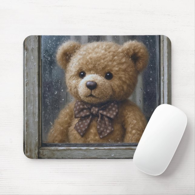 Teddybär schaut aus regnerischem Fenster Mousepad (Mit Mouse)