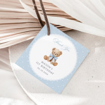 Teddybär, Schleife, blaue Punkte, erster Geburtsta