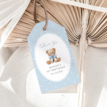 Teddybär, Schleife, blaue Punkte, erster Geburtsta