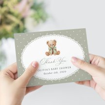 Teddybär, Schleife, grüne Tupfen, Babyparty