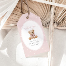 Teddybär, Schleife, rosa Punkte, erster Geburtstag