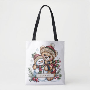 Teddybär-Schneemann-Umarmen-Kariert-Weihnachtsname Tasche