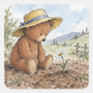 Teddybär starrt auf eine wachsende Margerite Quadratischer Aufkleber