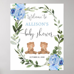 Teddybär Twin Jungs Babydusche Begrüßungszeichen Poster