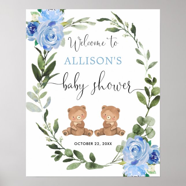 Teddybär Twin Jungs Babydusche Begrüßungszeichen Poster (Vorne)