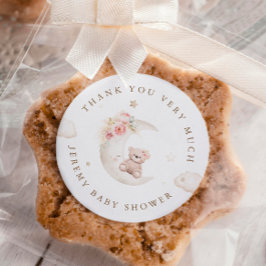 Teddybär über der neutralen Mond-Babydusche Runder Aufkleber