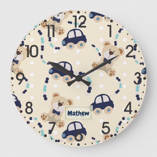 Teddybär-und Auto-Baby-Muster Große Wanduhr (Vorderseite)