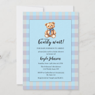 Teddybär und blau kariertes Baby-Babyshower Einladung