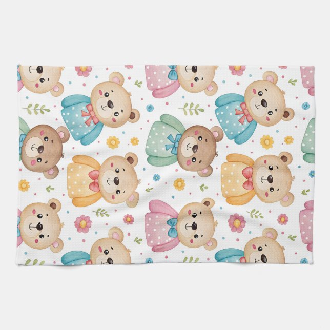 Teddybär und Blumen Geschirrtuch (Horizontal)