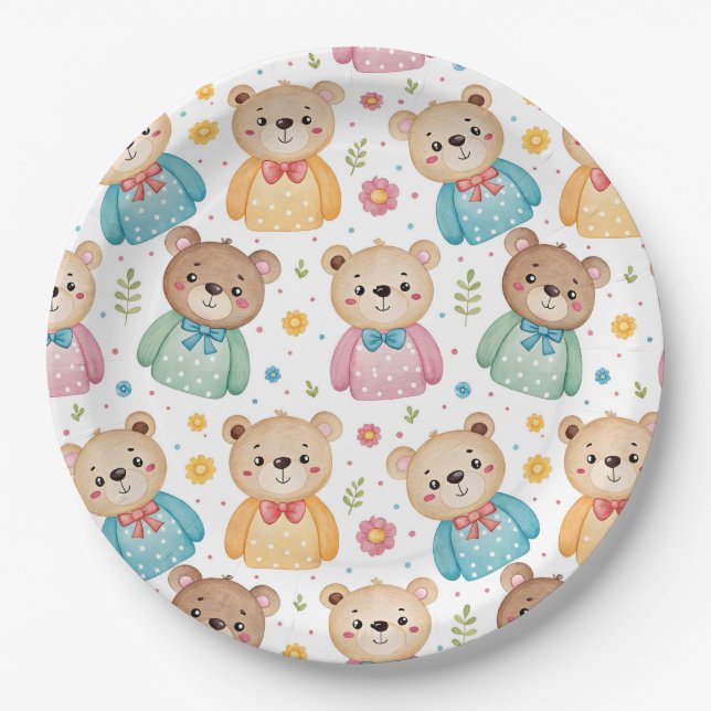 Teddybär und Blumen Pappteller (Vorderseite)