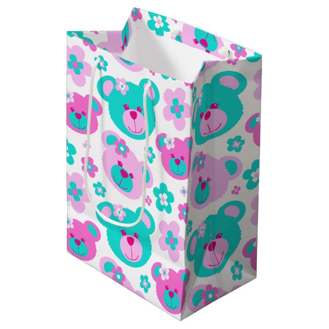 Teddybär und -Blumen zacken weiße Geschenktasche Mittlere Geschenktüte (Vorderseite Schrägansicht)